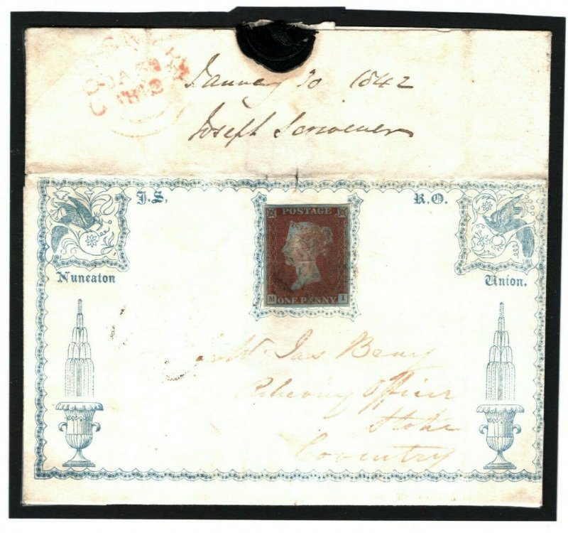 GB RARE EARLY ILLUSTRATED Penny Red 1842 BLUE Nuneaton Union Cover SG.8 101m