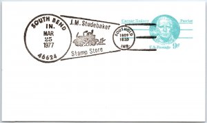 US SPECIAL EVENT POSTAL CARD J.M. STUDEBAKER STAMP STORE SOUTH BEND IND 1977