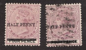 1887 Lagos Sc# 39-39a - Half Penny Queen Victoria - Overprint Error  Cv$62