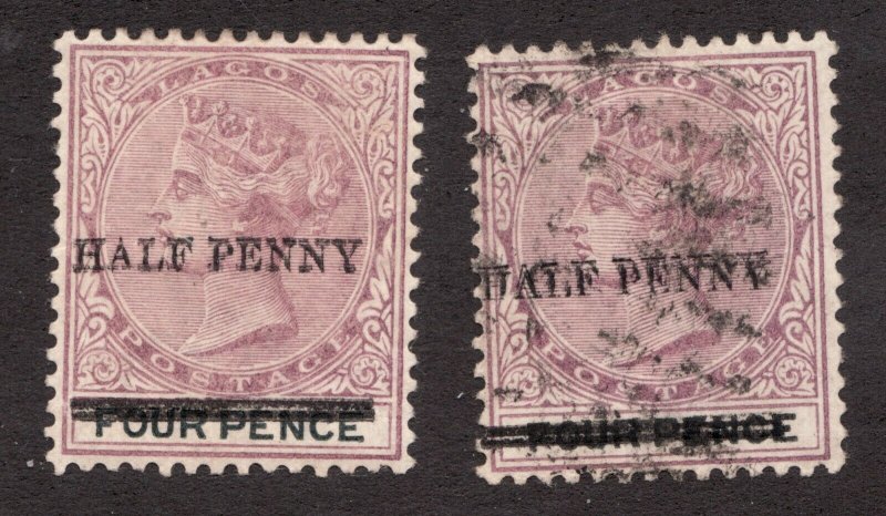 1887 Lagos Sc# 39-39a - Half Penny Queen Victoria - Overprint Error  Cv$62