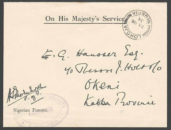 NIGERIA 1934 OHMS cover Lokoja to Okeni - Conservator of Forests frank......H907