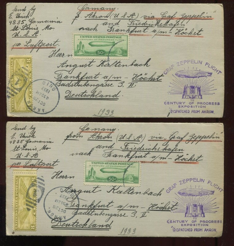 C18 Graf Zeppelin Century of Progress Used Stamps on 2 Matched Covers (907L)