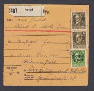 Bavaria Sc 105, 137 on 1919 Packet Card, Hurlach  to Landsberg, sound, F-VF