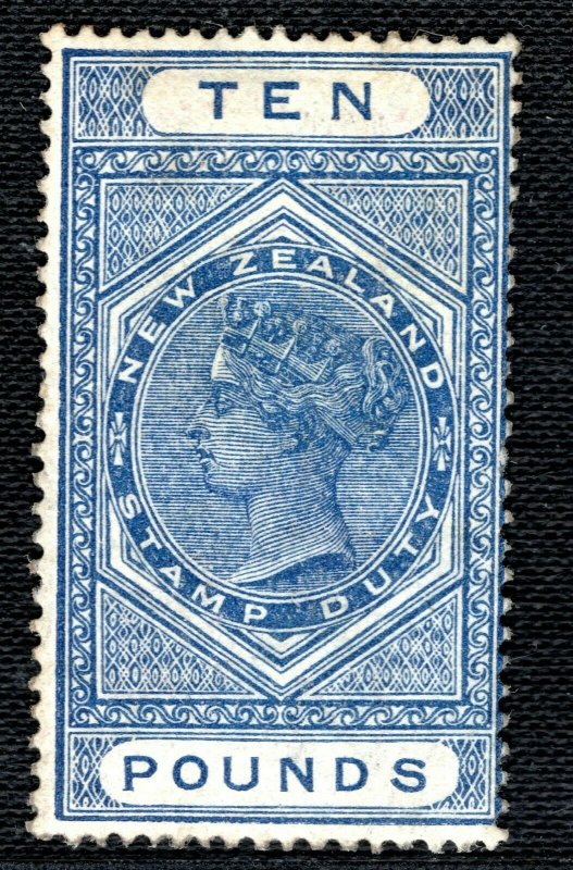 NEW ZEALAND QV Postal Fiscal ScottAR30 £10 Blue High Value (1882) Mint MM BLACK4