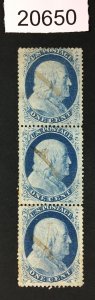 MOMEN: US STAMPS # 24 STRIP OF 3 USED POS.77-97R8 LOT # 20650