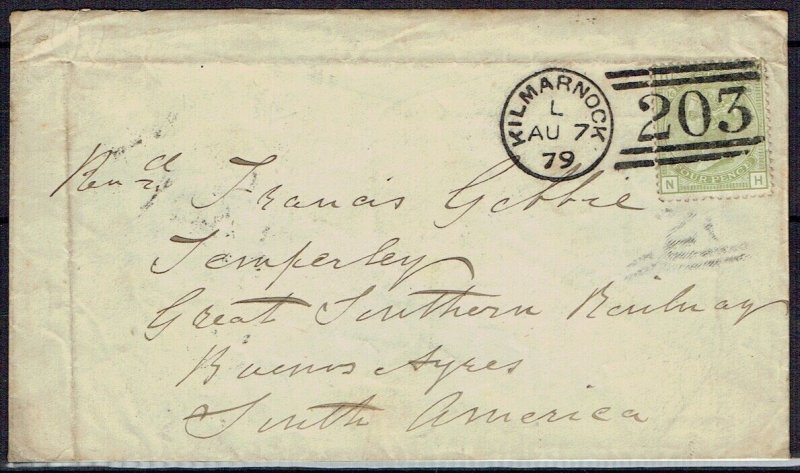 GREAT BRITAIN -  QUEEN VICTORIA 1879 (7 Aug) Tatty cover Kilmarnock to - 41197