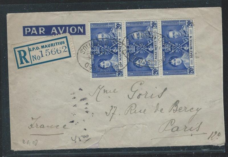 MAURITIUS (P1110B) 1939 KGVI CORONATION 20CX3 REG A/M TO FRANCE