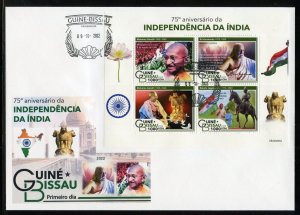 GUINEA BISSAU  2022 75th INDEPENDENCE INDIA W/GANDHI SHEET  FIRST DAY COVER