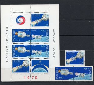 POLAND 1975 SPACE SET OF 3 STAMPS & SHEET OF 6 STAMPS & 2 LABELS MNH