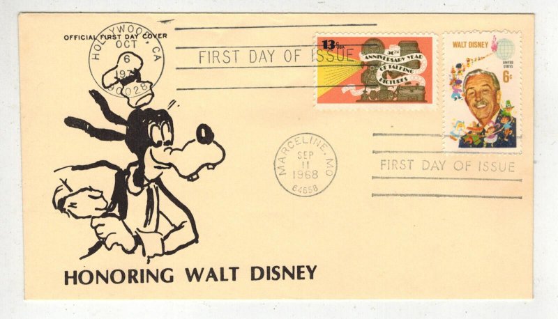 1968 WALT DISNEY 1355 MATHERS DUAL CANCEL FDC + 1727 TALKING PICTURES GOOFY