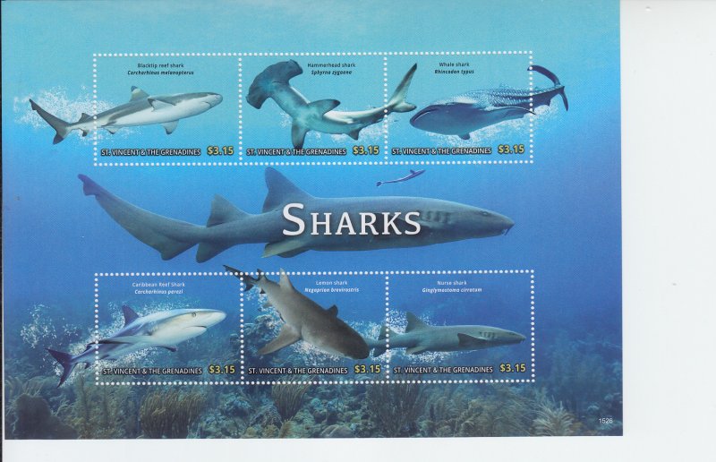 2015 St Vincent & Grenadines Sharks II MS6 (Scott 4041) MNH