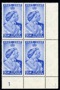 Virgin Is 1949 KGVI Silver Wedding 2½d ultramarine PLATE 1 block MNH. SG 124. 