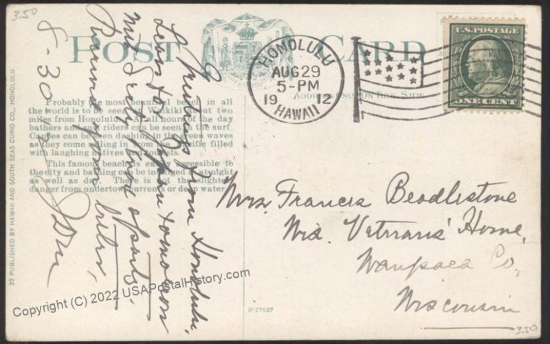 Hawaii USA 1912 Used Postcard Territory Territorial Cover 109049