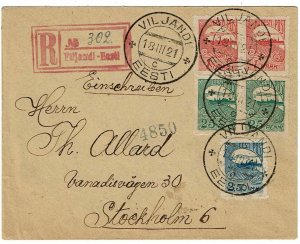 Estonia 1921 Viljandi cancel on registered cover to Sweden, franked private perf