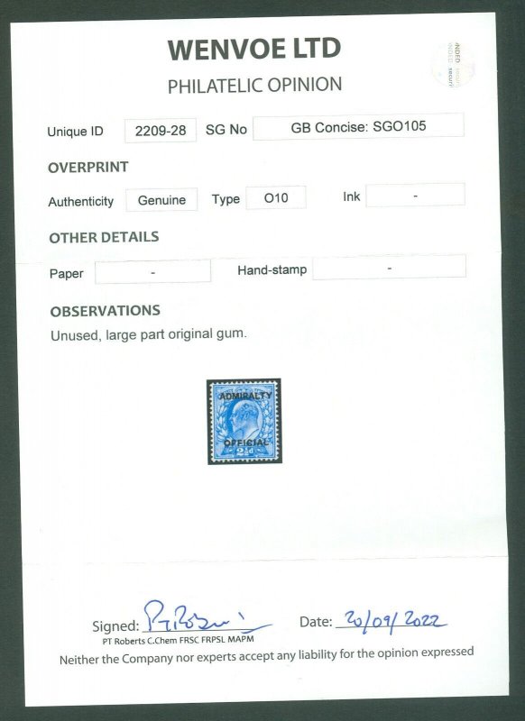 SG O105 2½d ultramarine Admiralty official. A fine fresh mounted mint... 