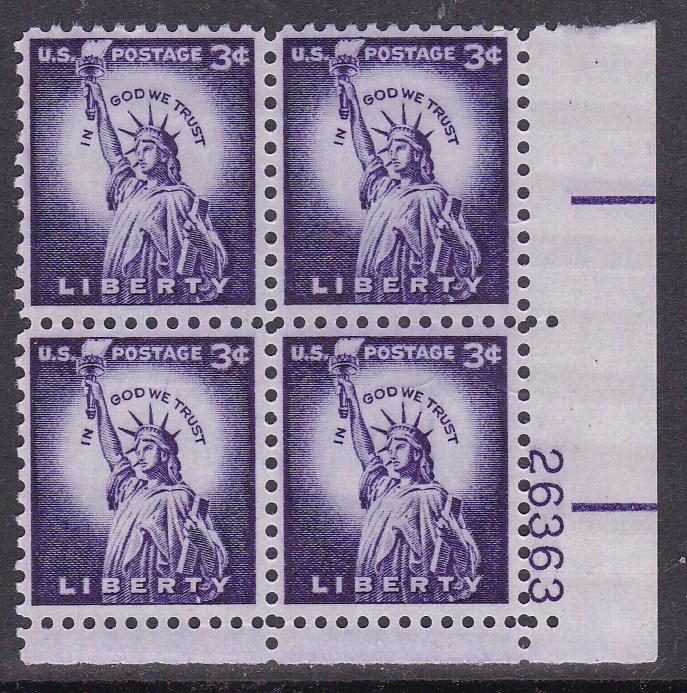 United States 1954 3c violet  Liberty Issue- Statue   Plate Nr. Block VF/NH