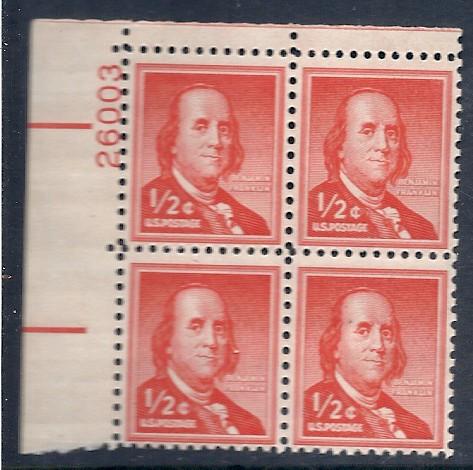 US #1030 1/2c Benjamin Franklin PB of 4 (MNH) CV $0.40