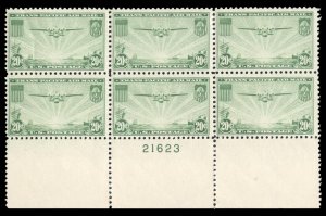 United States, Air Post #C21 Cat$85, 1937 20c green, plate block of six, neve...