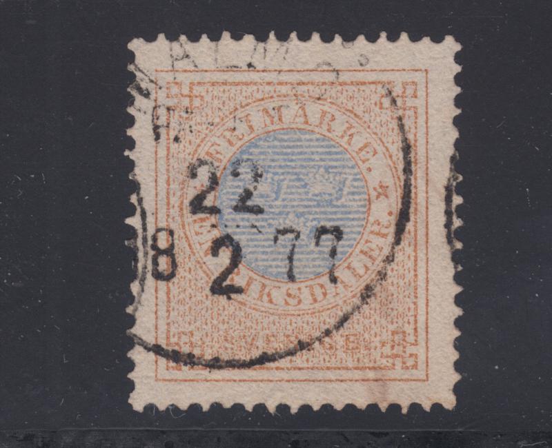 Sweden Sc 27 used. 1872 1rd bister &  blue Numeral, Perf 14, 1877 cancel