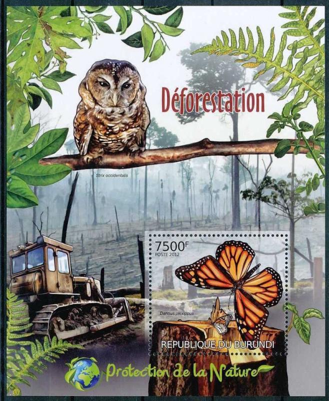 BURUNDI 2012 SHEET bur12411b BIRDS HIBOUX BUTTERFLIES 