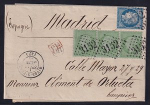 France 1872 5c Napoleon Strip Pale Green + 25c Ceres Cover to Madrid Spain