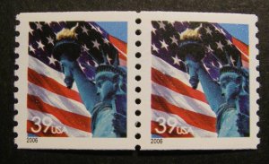 Scott 3979, 39c Lady Liberty, water activated pair, MNH Coil Beauty