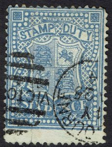 VICTORIA 1884 ARMS STAMP DUTY 6D WMK V/CROWN SG W33 PERF 12 POSTALLY USED