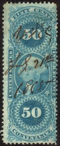 1865, US 50c, Conveyance, ultramarine, silk paper, Used, Sc R54de