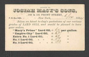 1884 POSTAL CARD JOSIAH MACYS & SONS SELLS ALL GRADES OF LARD OIL SCARCE