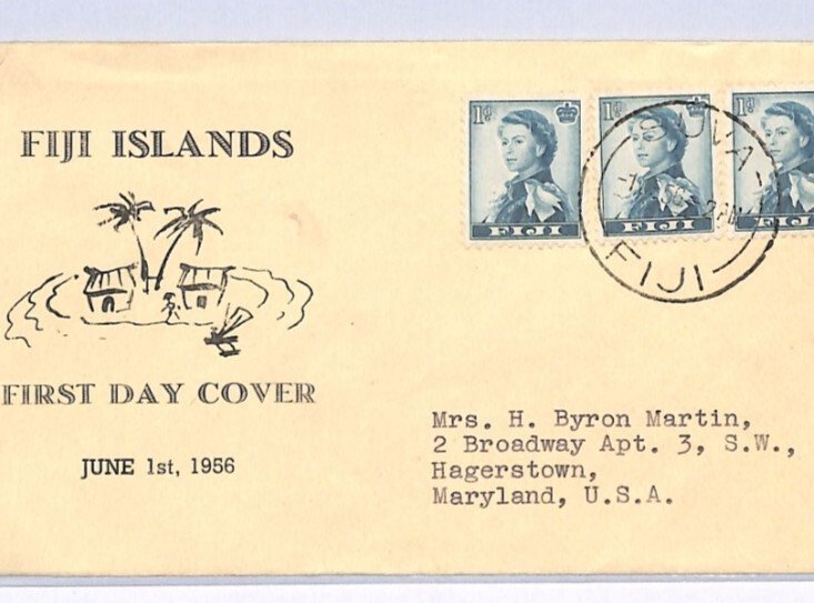 FIJI QEII FDC 1956 Illustrated Suva USA MA Hagerstown{samwells-covers}XH327