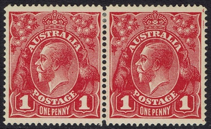 AUSTRALIA 1914 KGV 1D CARMINE RED PAIR LINE PERF 14¼ SINGLE WMK