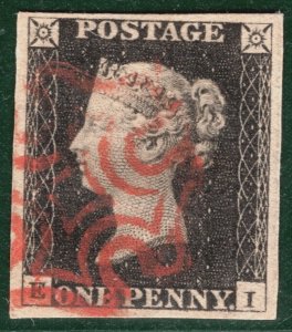 GB PENNY INTENSE BLACK 1840 QV SG.1 1d Plate 2 (EI) Superb Used Red MX BRRED7 