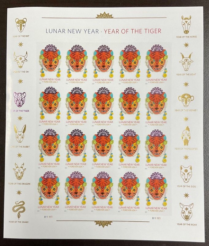 5662 Lunar New Year - Year of the Tiger MNH sheet of 20 Forever FV $12  2022 