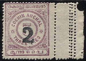 INDIAN STATES - Cochin 1909 Sc 13 Mint NH ngai  / SG 22, margin single