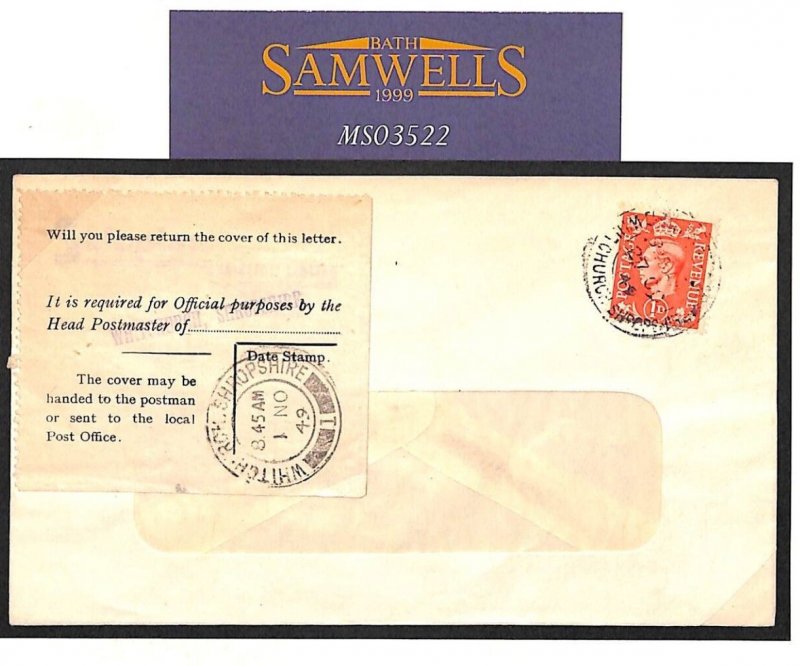 GB SALOP INTERRUPTED  1949 *Whitchurch* Cover GPO OFFICIAL ENQUIRY Label MS3522