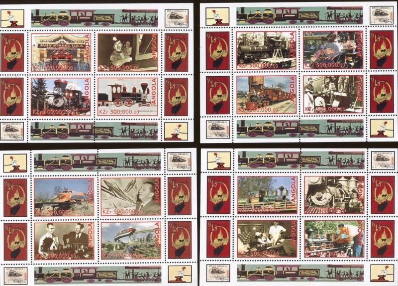 Walt Disney's RAILROAD STORY Mini Sheet Set x4 MNH ( Unauthorized ) Angola E1