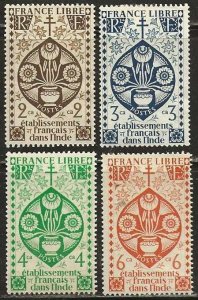 French India, Sc. # 143-146,  mint, heavily hinged.  Partial set. 1942. (F602)