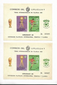 URUGUAY 1981 SOCCER WORLD CUP SPAIN 82 BL 51 2 SOUV SHEET PERF AND IMPERFORATED