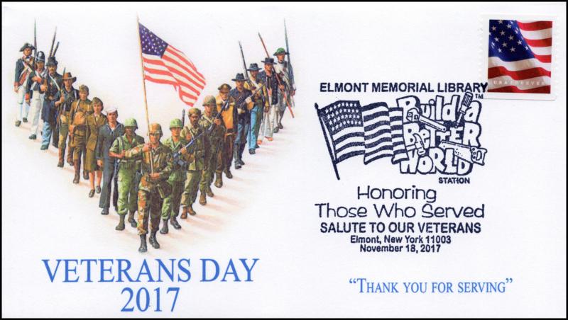7-366, 2017, Veterans Day, Elmont NY Memorial Library, Pictorial, Event Cover,