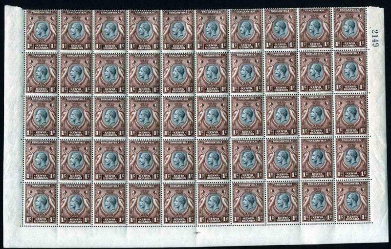 KUT SG110 KGV 1c Black and Red-brown U/M 1/2 Sheet of 50