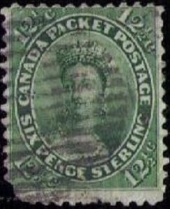 CANADA Sc #18 Used 12-1/2c Ylw Green Perf Fault Lower L F-VF Cat.$120.00