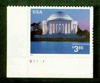 2002  Sc 3647  Jefferson Memorial $3.85  plate no. sing