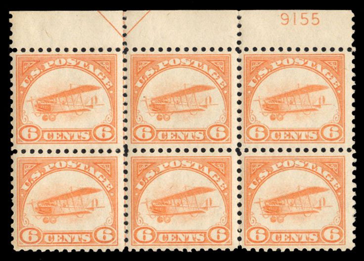 United States, Air Post #C1 Cat$700, 1918 6c orange, plate block of six, one ...