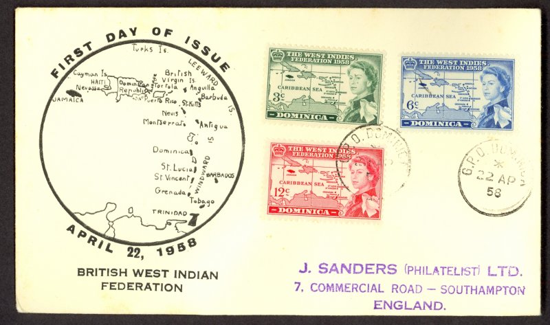 DOMINICA 1958 QE2 WEST INDIES FEDERATION Set CACHET FDC Cover Sc 161-163