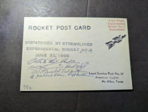 1936 USA Trial Flight Rocket Mail #3 Postcard Cover to McAllen TX Pilot Signed