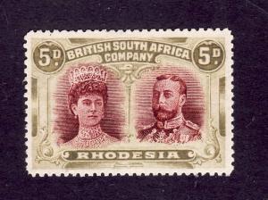 Rhodesia-Scott#107-Unused hinged Queen Mary & KGV-5p ol grn & brn-1910-