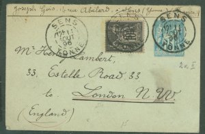 France  Postmarked Sens Yonne, 12 Aug 1896, Postcard with 15 centimes printed stamp and 10 centimes adhesive to London