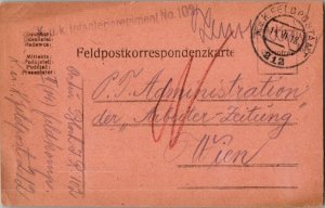 Austria Soldier's Free Mail 1918 K.u.K. Postamt 212 Feldpostcard to Wien with...