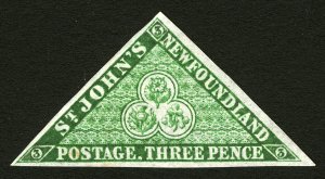 Newfoundland #11A 1860 3D Green Imperf VF Mint Original Gum Faintly Hinged