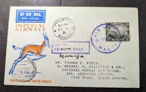 1931 Malta Airmail First Flight Cover FFC Valletta to Cape Town South Africa